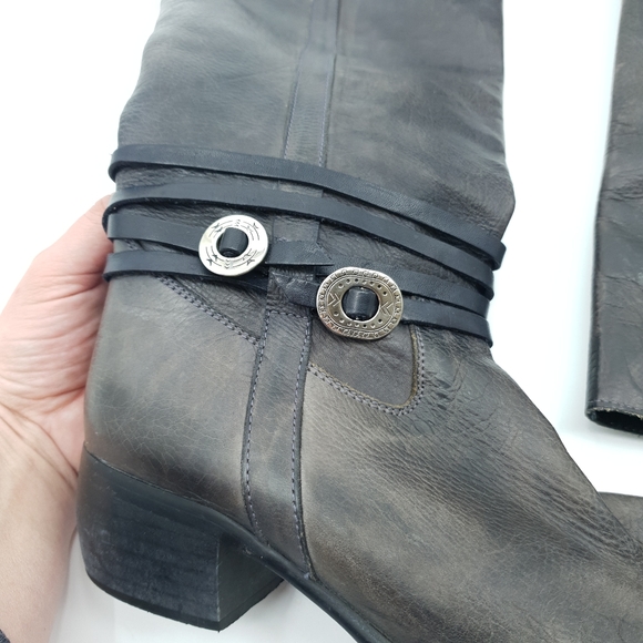 Freebird by Steven Black Brown Leather Knee High Strappy Texan Style Boots Sz 9 - Picture 4 of 12